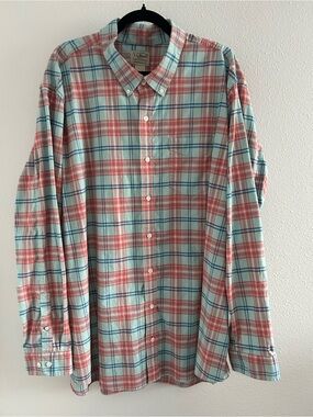 L.L. Bean Men’s Plaid Button-Down Shirt in Light Blue & Coral